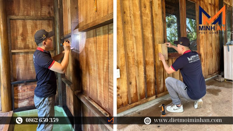 Ảnh cận cảnh hộp nhử mối được đặt cạnh khung cửa gỗ